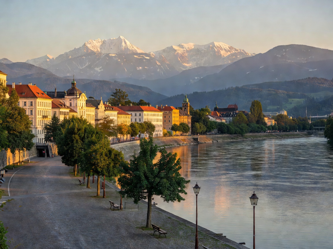 Danube riverbank in Linz leading toward the alpine spa valleys of Gastein and Zell am See